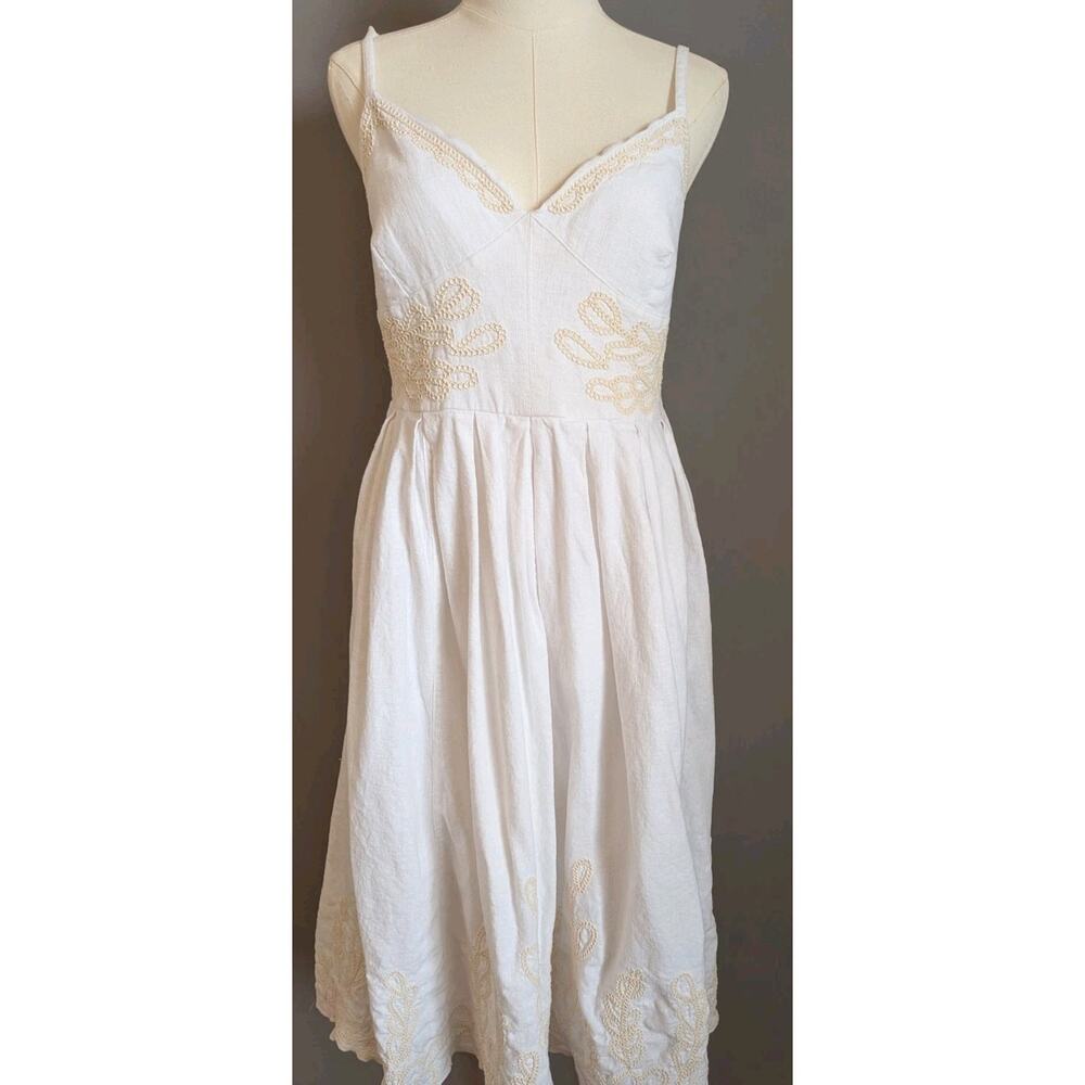 Christian Lacroix White Linen Blend Embroidered Sundress Smocked Boho Medium
